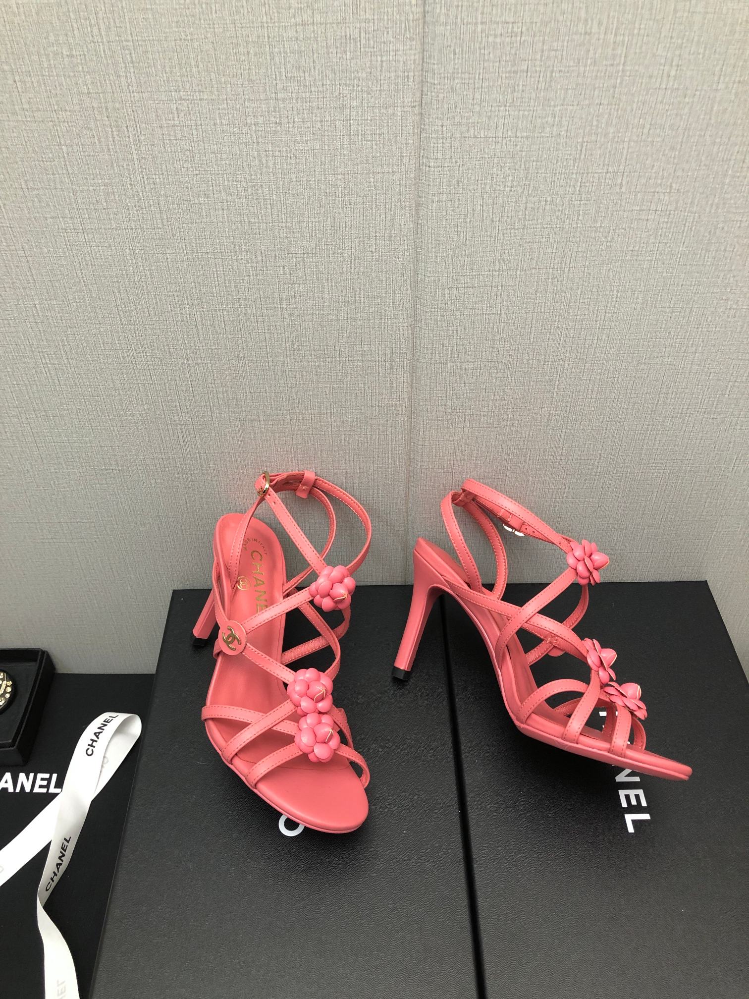 CHANEL FLORAL HIGH HEEL SANDAL IN DARK PINK LAMBSKIN