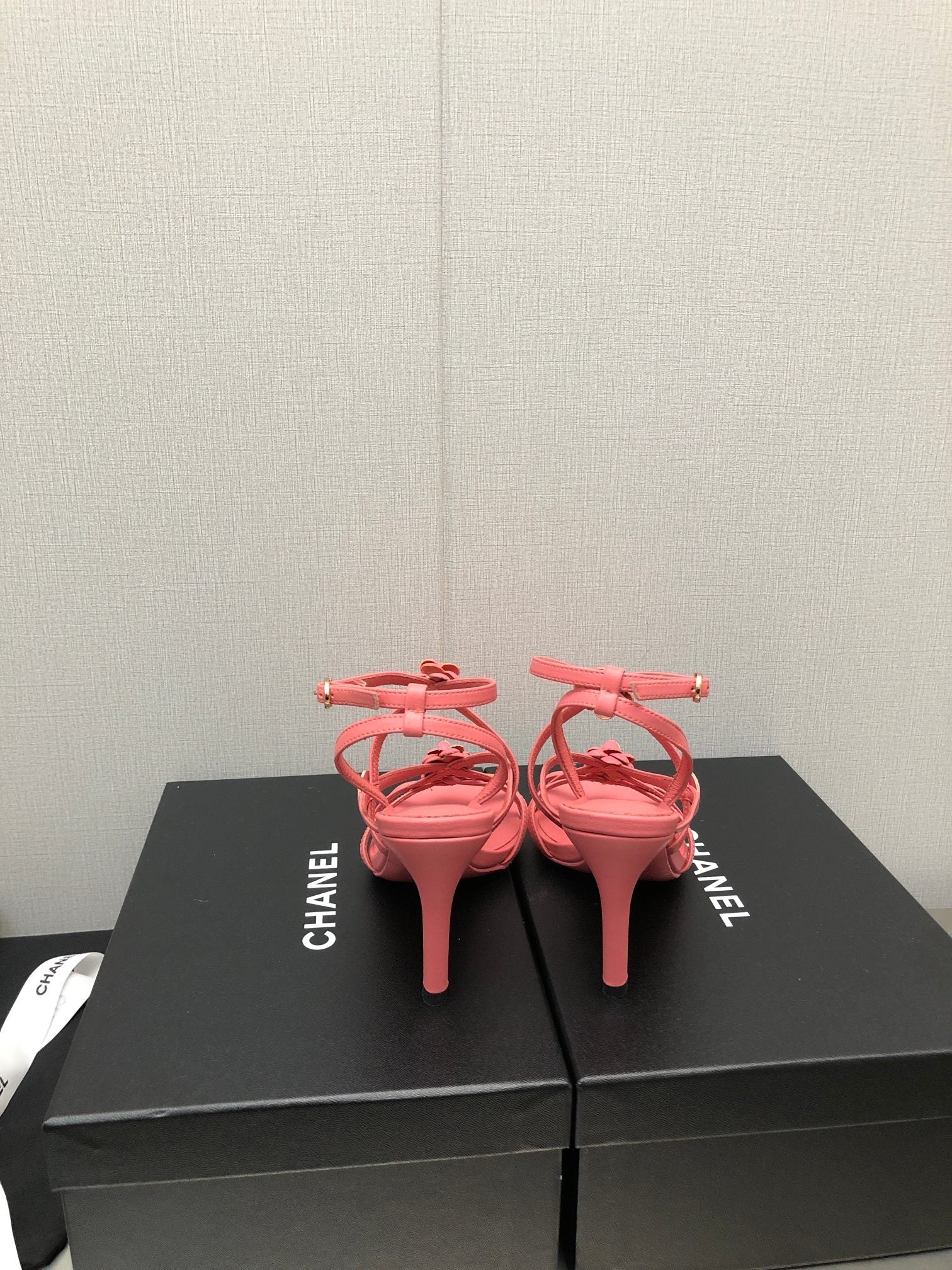 CHANEL FLORAL HIGH HEEL SANDAL IN DARK PINK LAMBSKIN