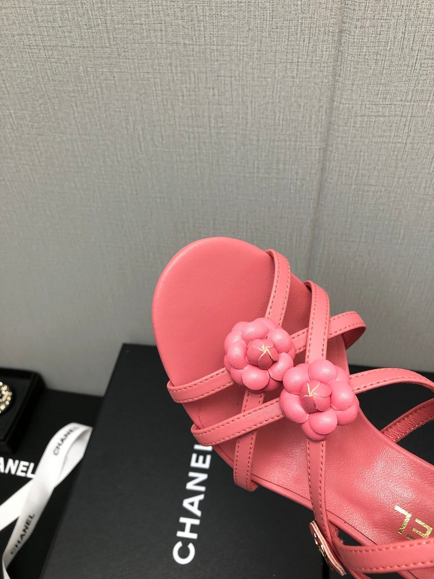 CHANEL FLORAL HIGH HEEL SANDAL IN DARK PINK LAMBSKIN