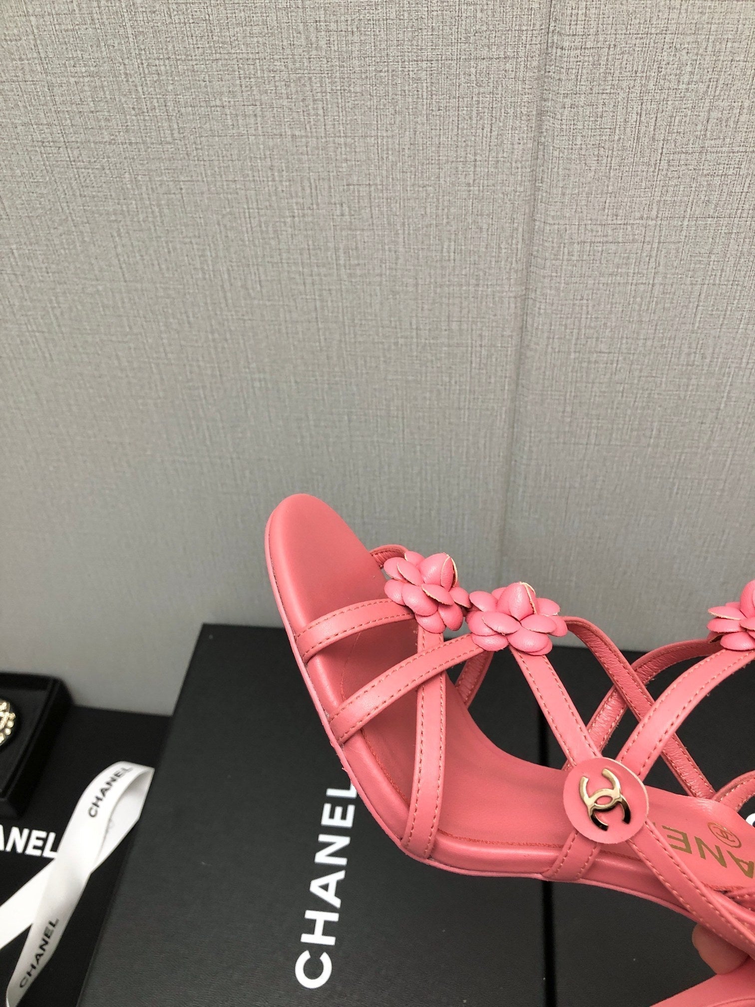 CHANEL FLORAL HIGH HEEL SANDAL IN DARK PINK LAMBSKIN
