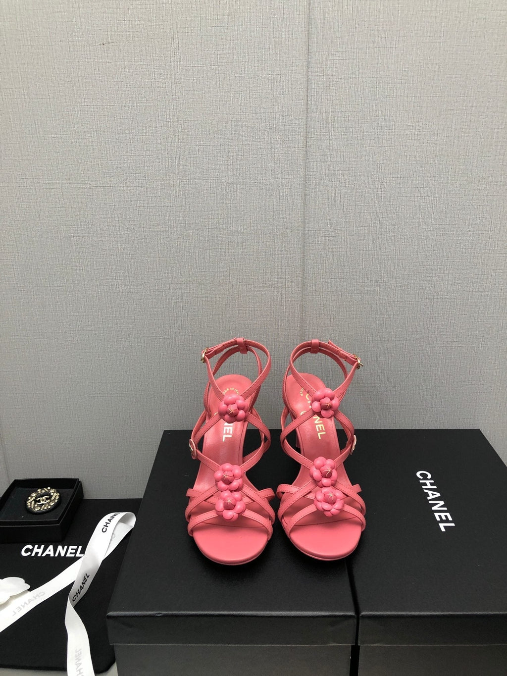 CHANEL FLORAL HIGH HEEL SANDAL IN DARK PINK LAMBSKIN