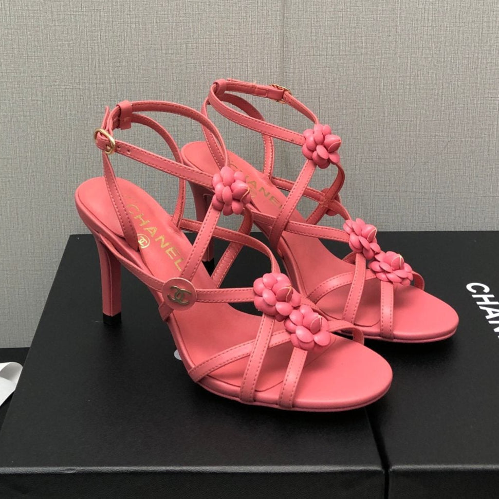 CHANEL FLORAL HIGH HEEL SANDAL IN DARK PINK LAMBSKIN