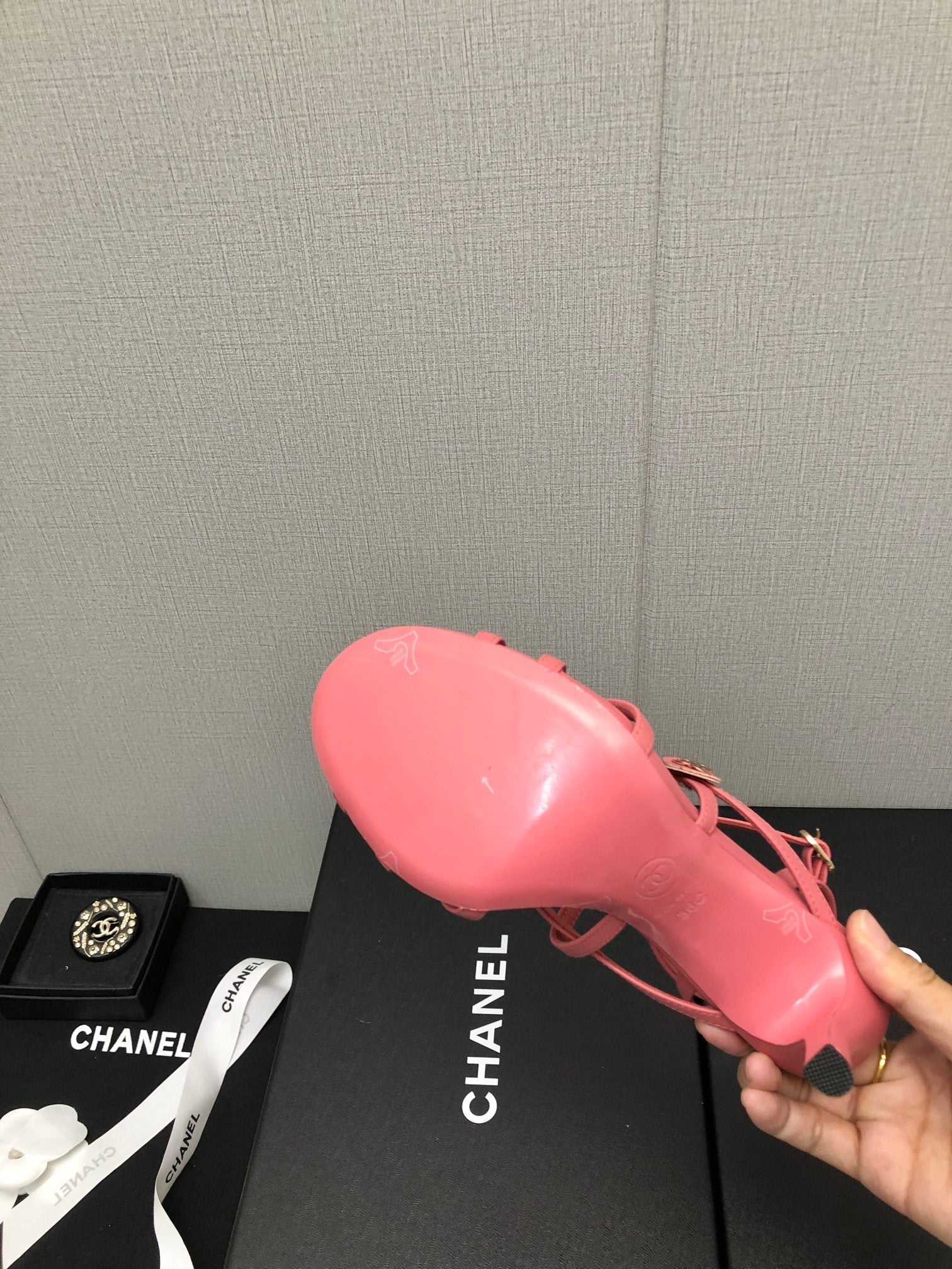 CHANEL FLORAL HIGH HEEL SANDAL IN DARK PINK LAMBSKIN