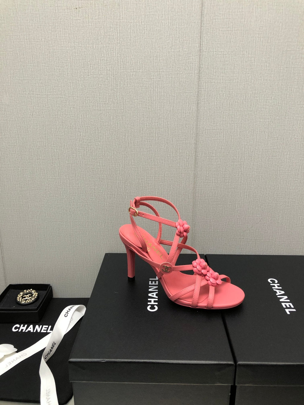 CHANEL FLORAL HIGH HEEL SANDAL IN DARK PINK LAMBSKIN