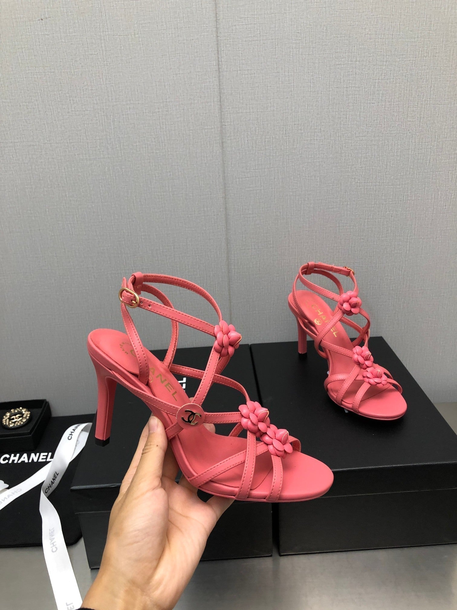CHANEL FLORAL HIGH HEEL SANDAL IN DARK PINK LAMBSKIN