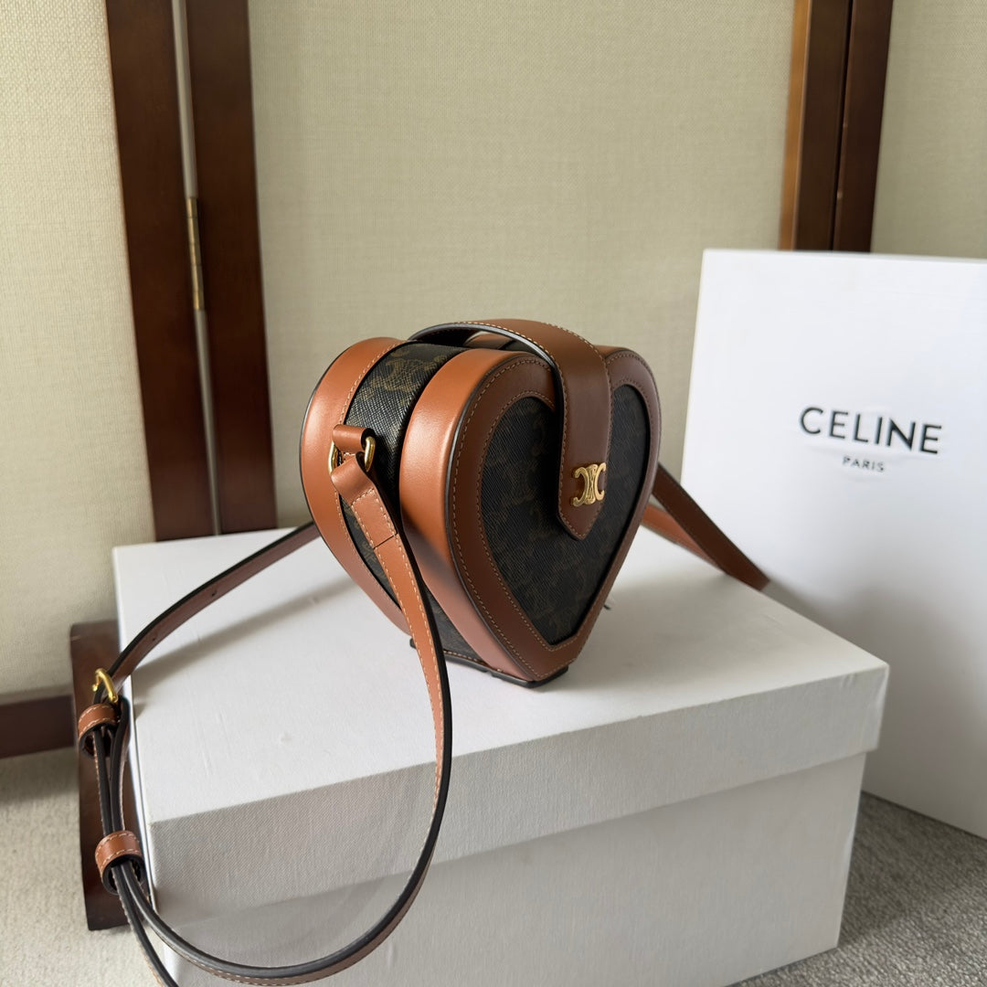 CELINE HEART TAMBOUR BAG 15 IN BLACK TRIOMPHE CANVAS AND BRONZE BROWN CALFSKIN