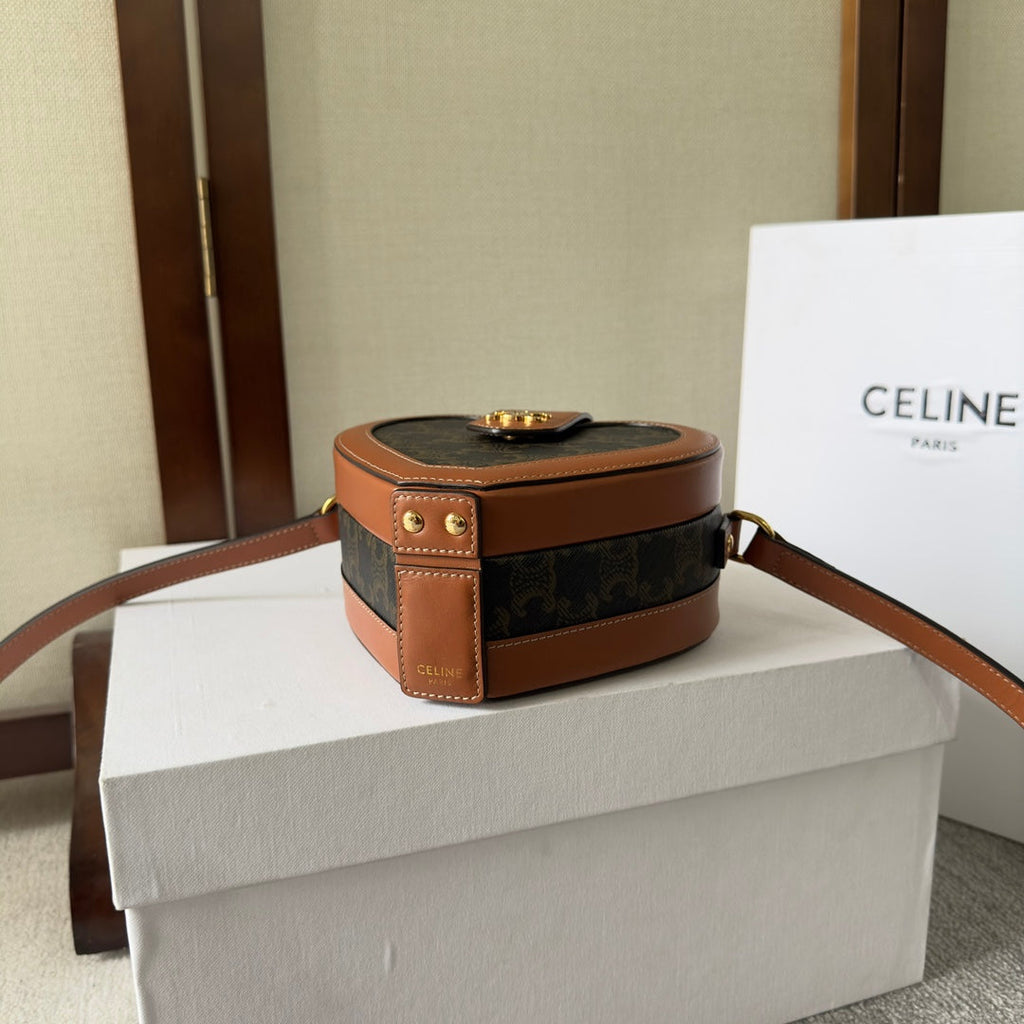 CELINE HEART TAMBOUR BAG 15 IN BLACK TRIOMPHE CANVAS AND BRONZE BROWN CALFSKIN