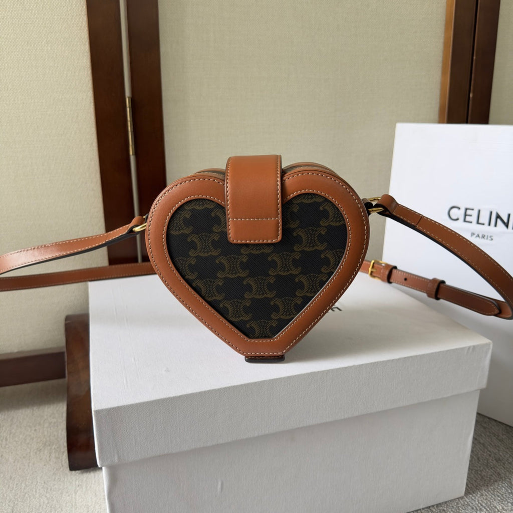 CELINE HEART TAMBOUR BAG 15 IN BLACK TRIOMPHE CANVAS AND BRONZE BROWN CALFSKIN