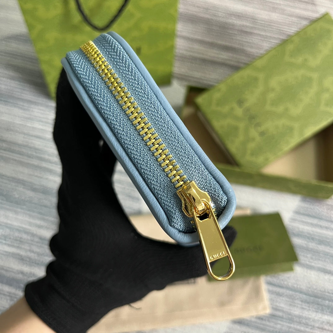 GUCCI BLONDIE 21 FULL ZIP WALLET IN BLUE PASTEL CALFSKIN