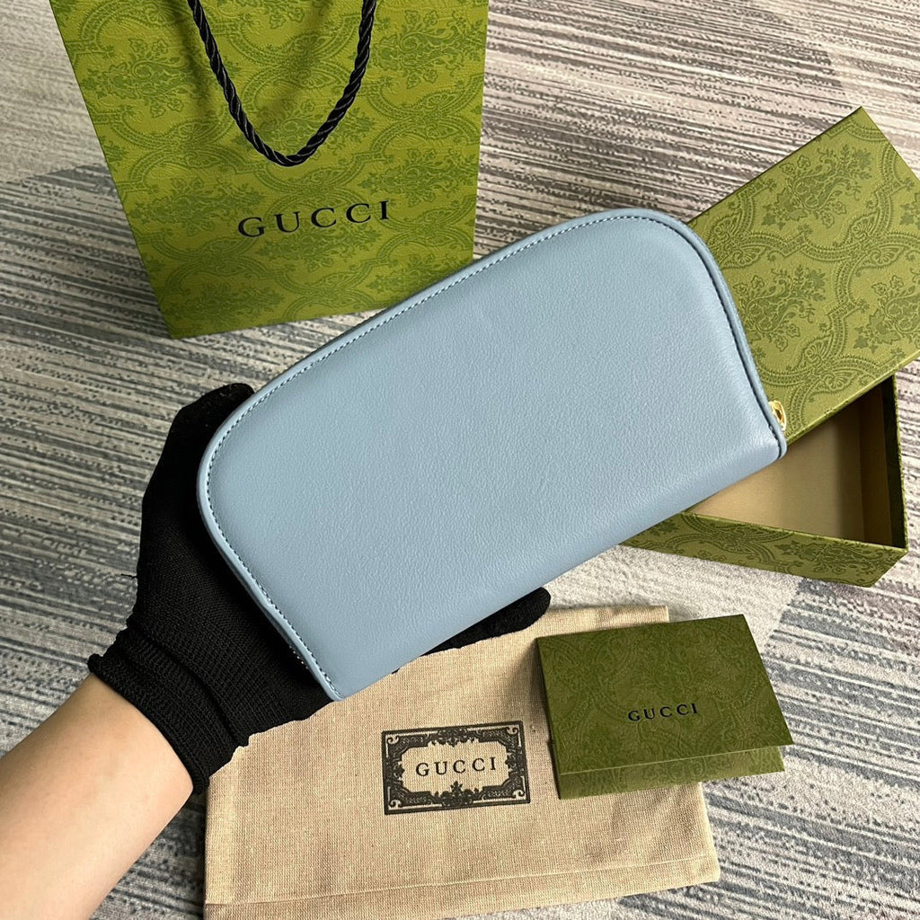 GUCCI BLONDIE 21 FULL ZIP WALLET IN BLUE PASTEL CALFSKIN