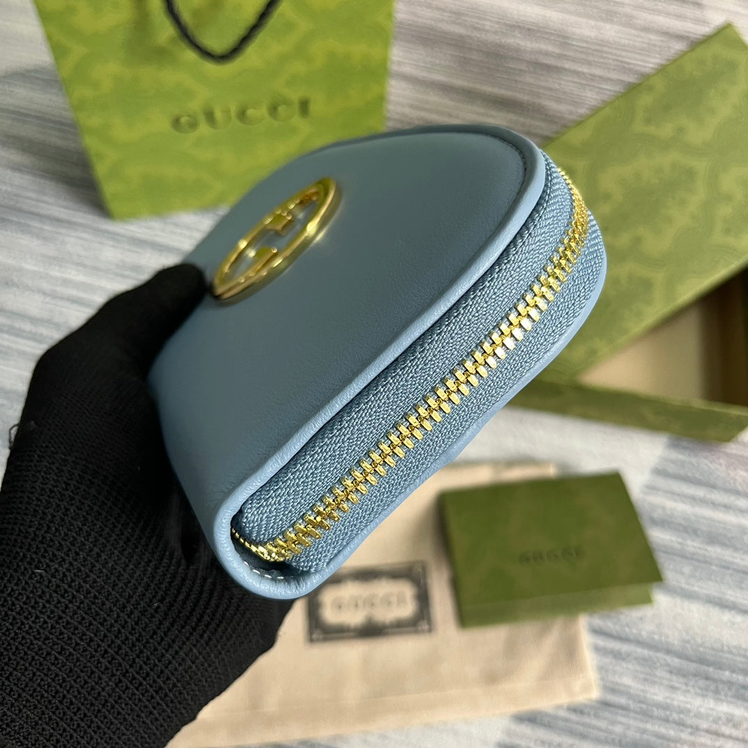 GUCCI BLONDIE 21 FULL ZIP WALLET IN BLUE PASTEL CALFSKIN