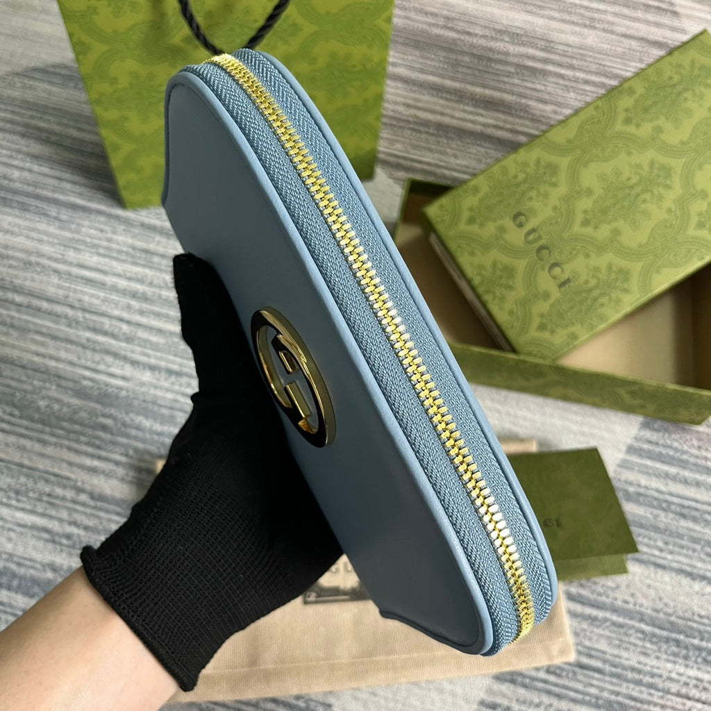 GUCCI BLONDIE 21 FULL ZIP WALLET IN BLUE PASTEL CALFSKIN