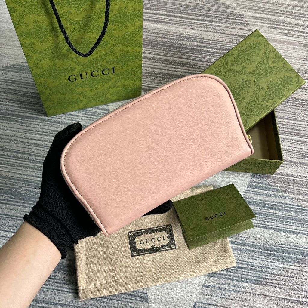 GUCCI BLONDIE 21 FULL ZIP WALLET IN LIGHT PINK CALFSKIN