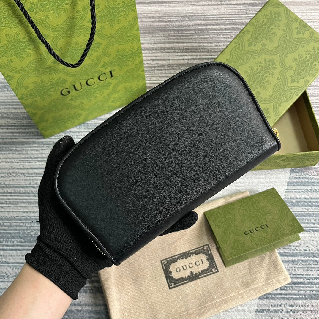 GUCCI BLONDIE 21 FULL ZIP WALLET IN BLACK CALFSKIN