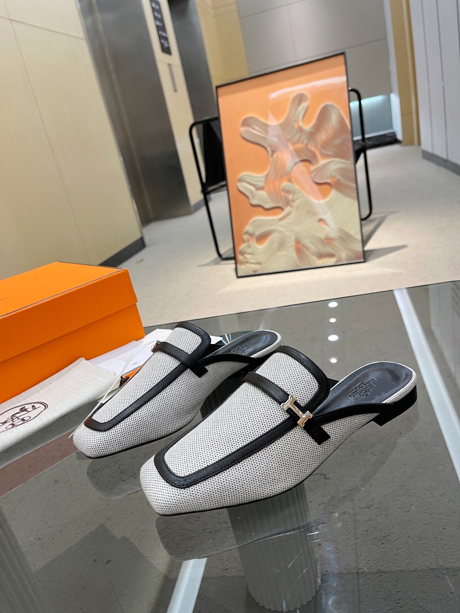 HERMES GROUPIE MULE BLACK MIX SILVER LAMBSKIN