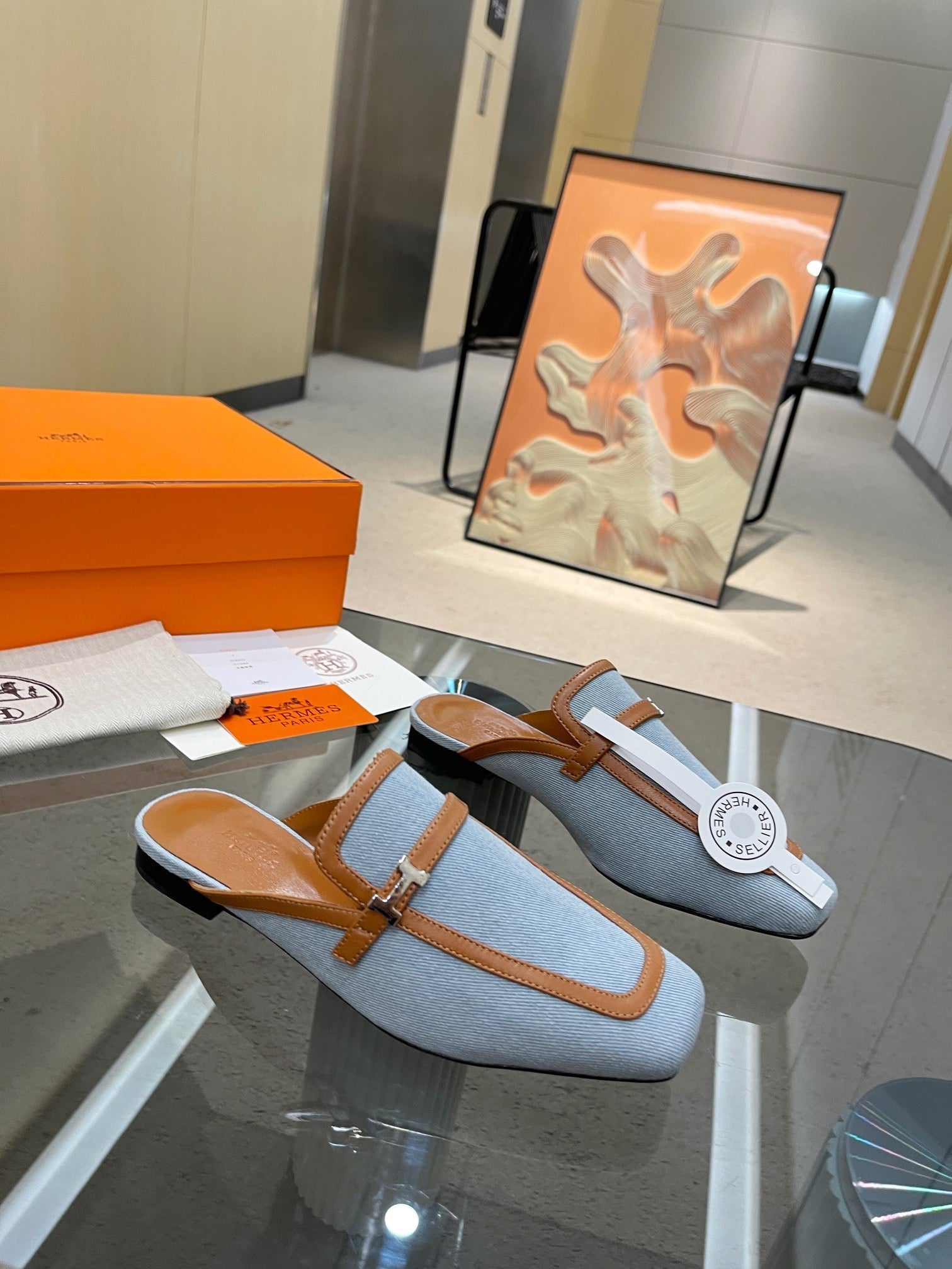 HERMES GROUPIE MULE TAWNY MIX SKY LAMBSKIN