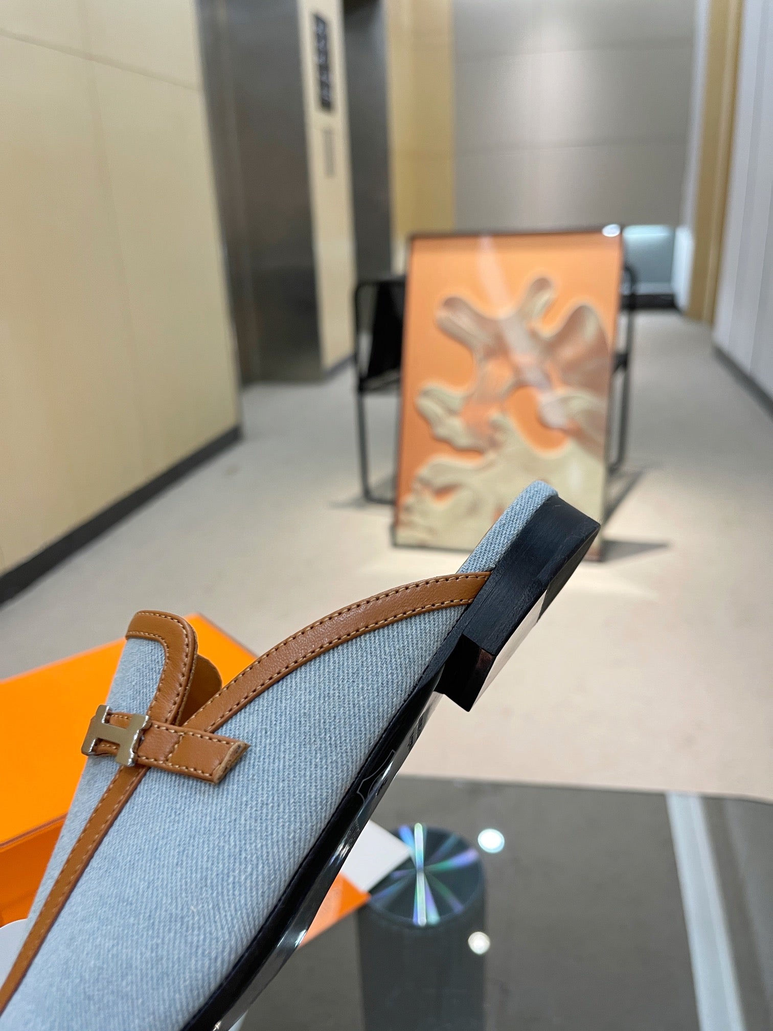 HERMES GROUPIE MULE TAWNY MIX SKY LAMBSKIN