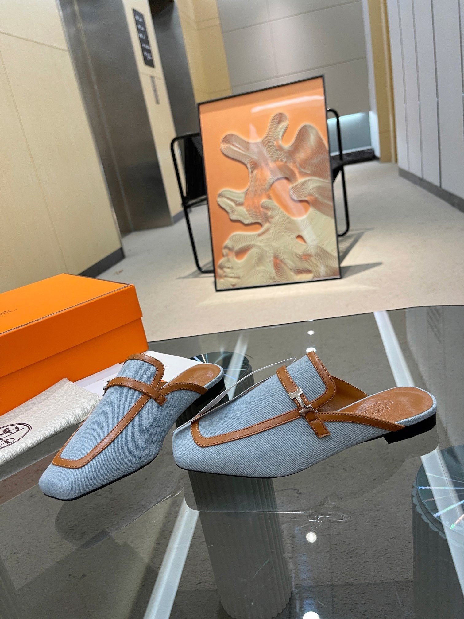 HERMES GROUPIE MULE TAWNY MIX SKY LAMBSKIN