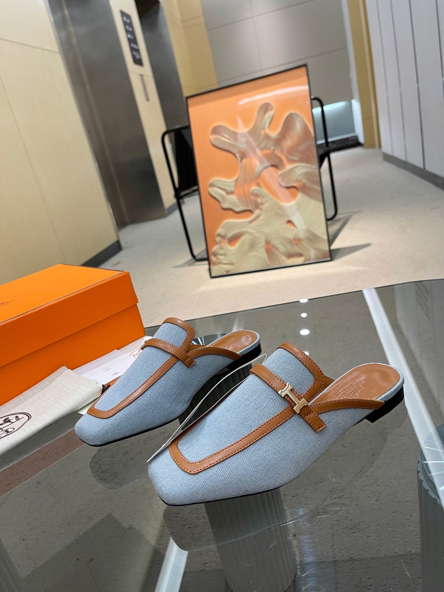 HERMES GROUPIE MULE TAWNY MIX SKY LAMBSKIN