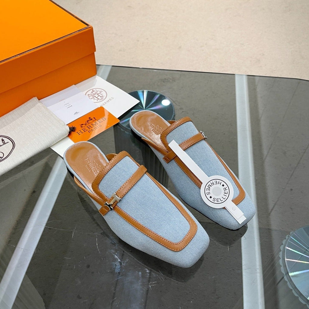 HERMES GROUPIE MULE TAWNY MIX SKY LAMBSKIN