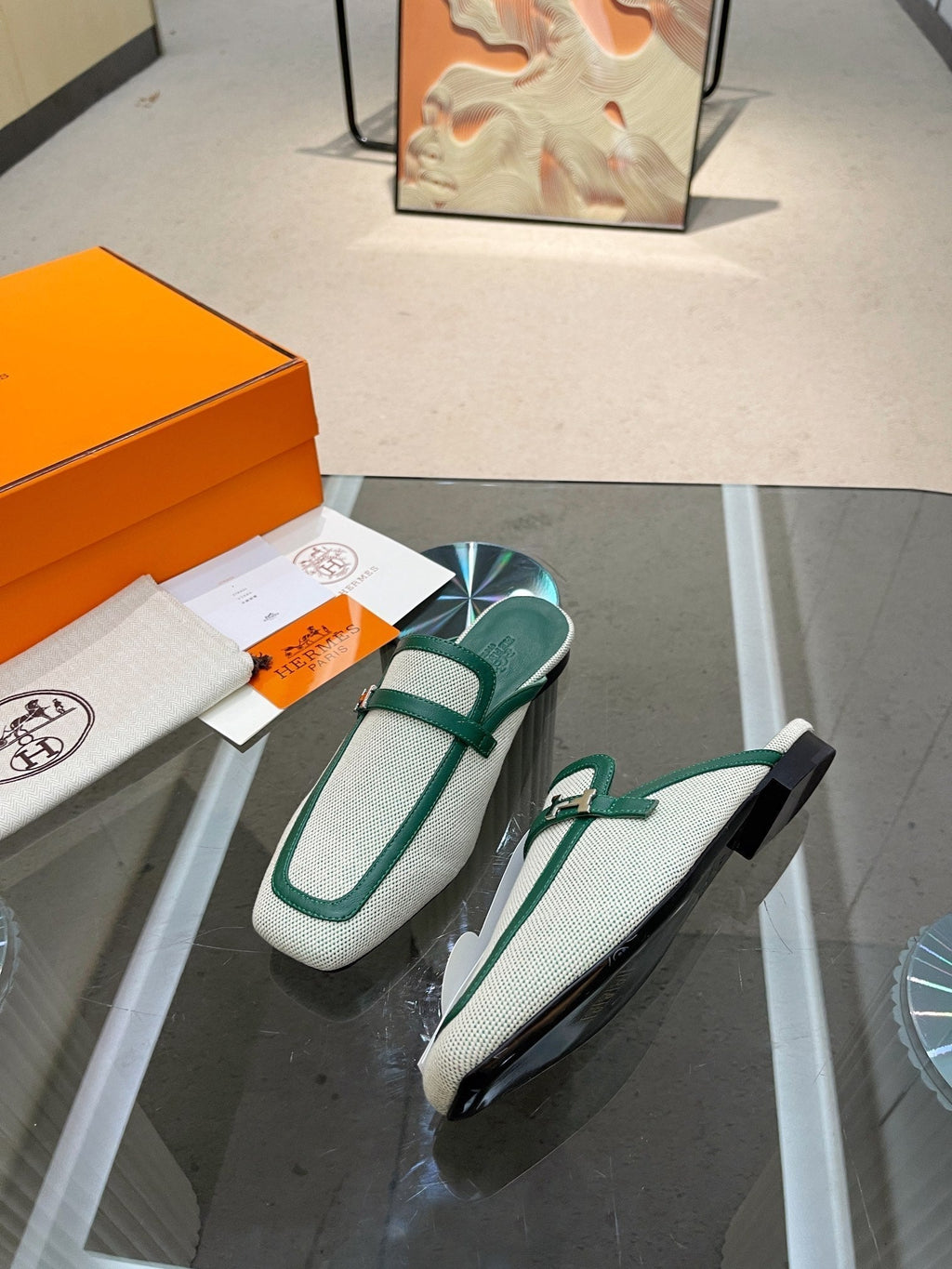 HERMES GROUPIE MULE OCEAN MIX SILVER LAMBSKIN