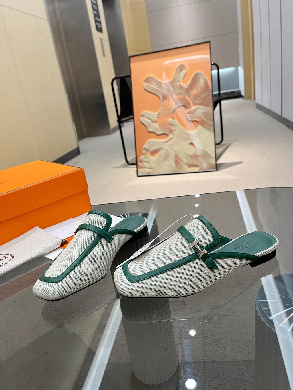 HERMES GROUPIE MULE OCEAN MIX SILVER LAMBSKIN