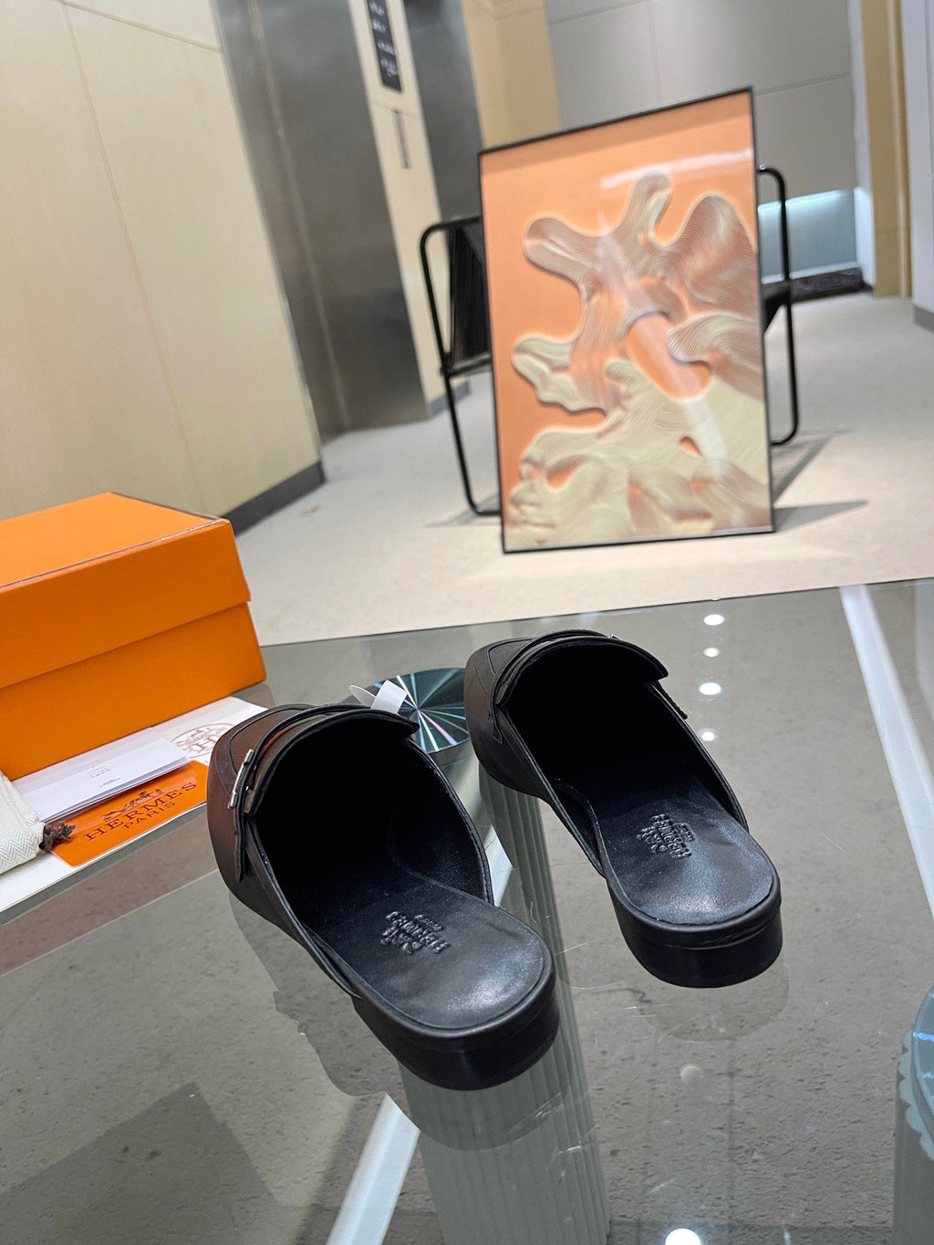 HERMES GROUPIE MULE BLACK LAMBSKIN