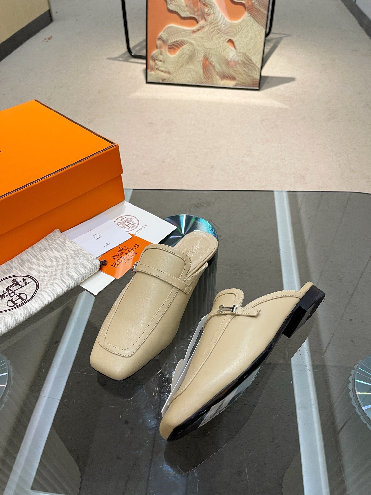 HERMES GROUPIE MULE BEIGE LAMBSKIN