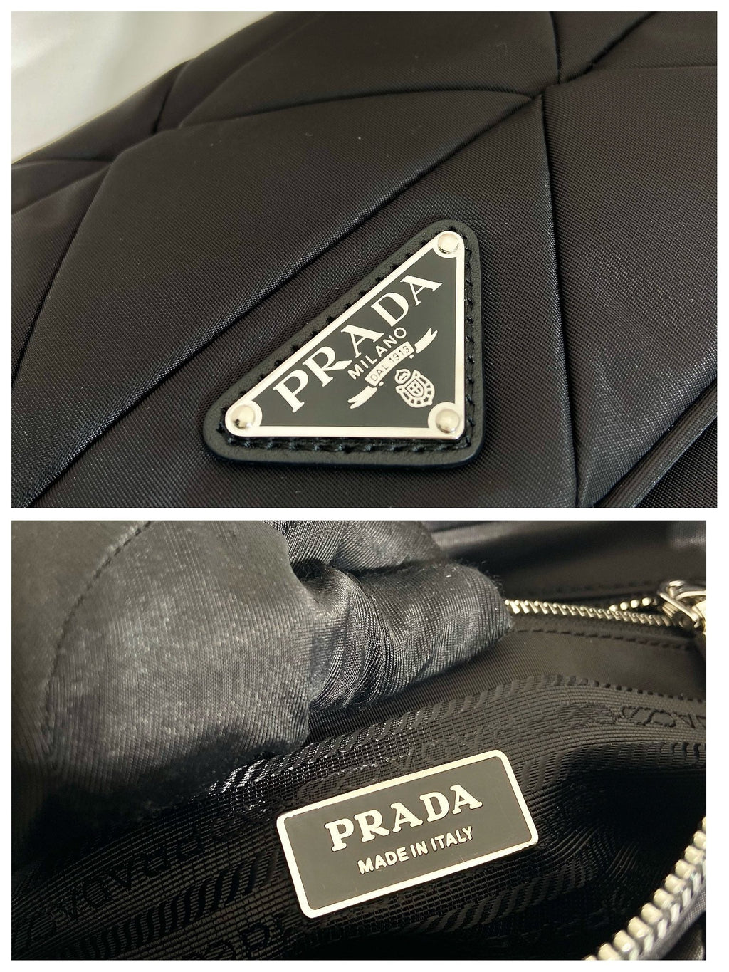 PRADA MEDIUM FLAP BAG 24 IN BLACK TRIANGULAR QUILTED PATTERN RE-NYLON