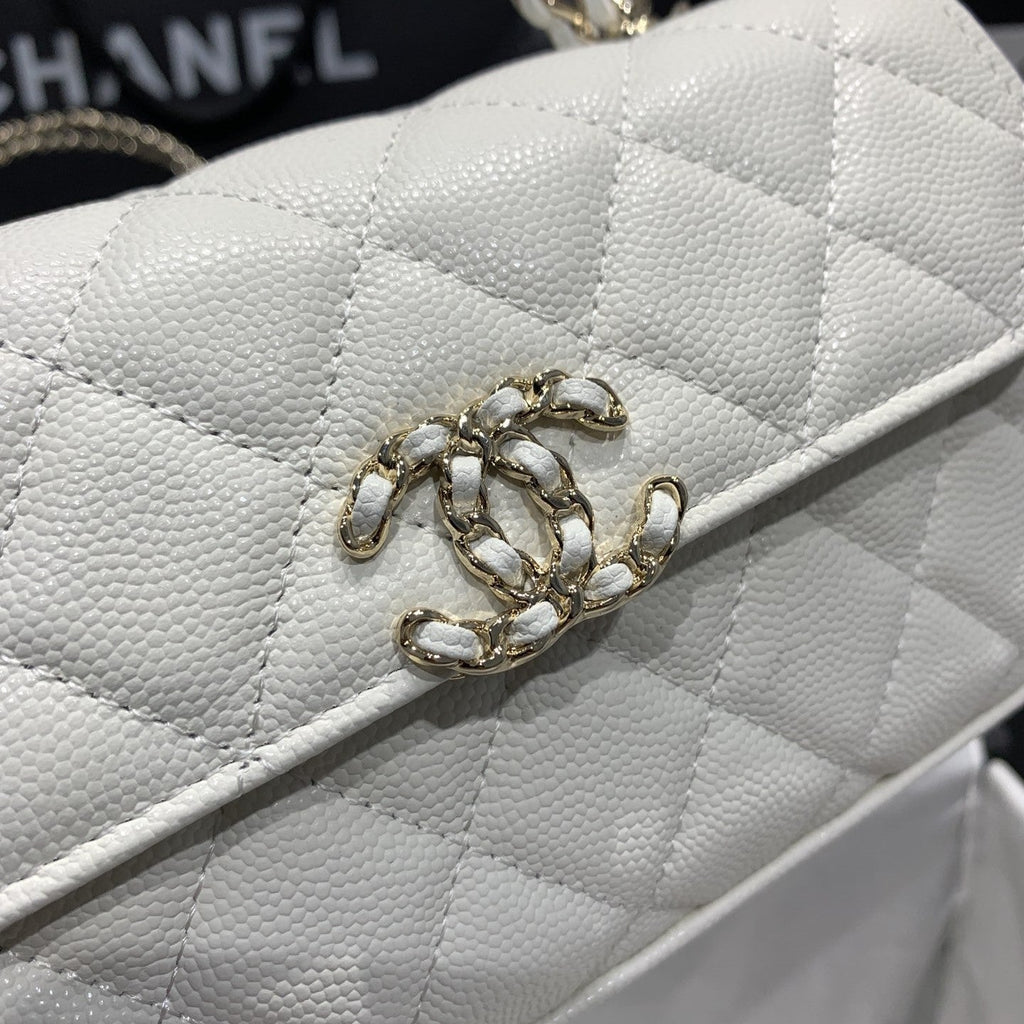 CHANEL 23P Flap Bag 19cm White Caviar Gold Hardware