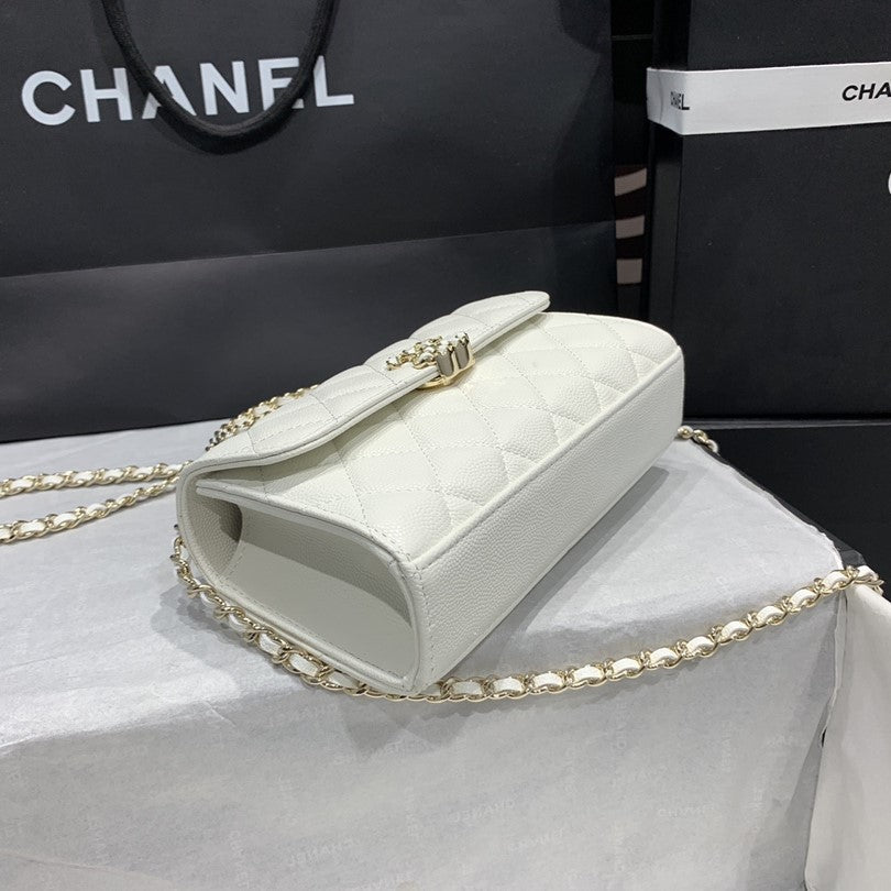 CHANEL 23P Flap Bag 19cm White Caviar Gold Hardware