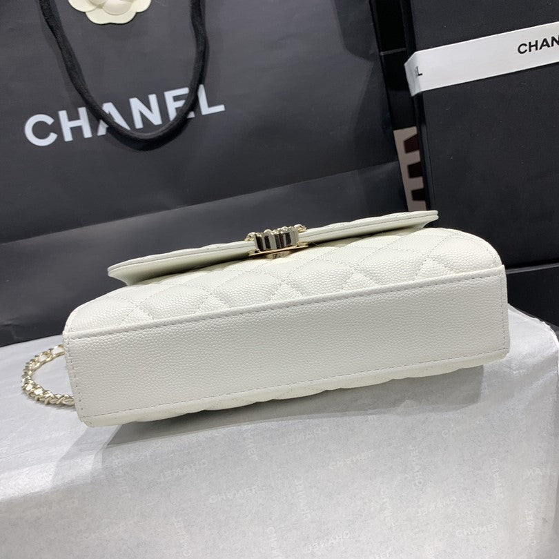 CHANEL 23P Flap Bag 19cm White Caviar Gold Hardware