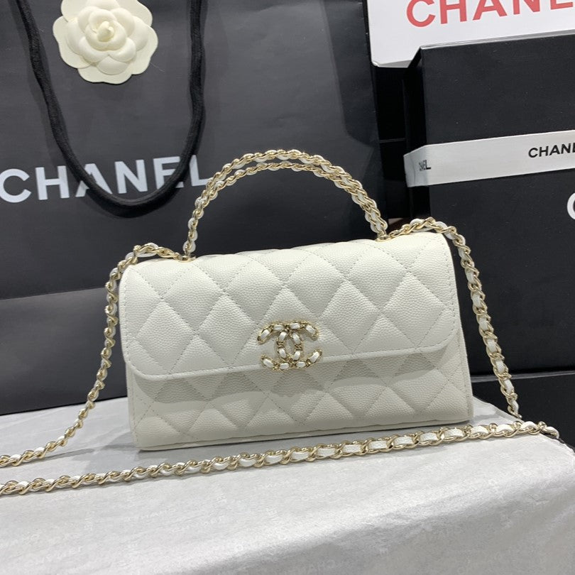 CHANEL 23P Flap Bag 19cm White Caviar Gold Hardware