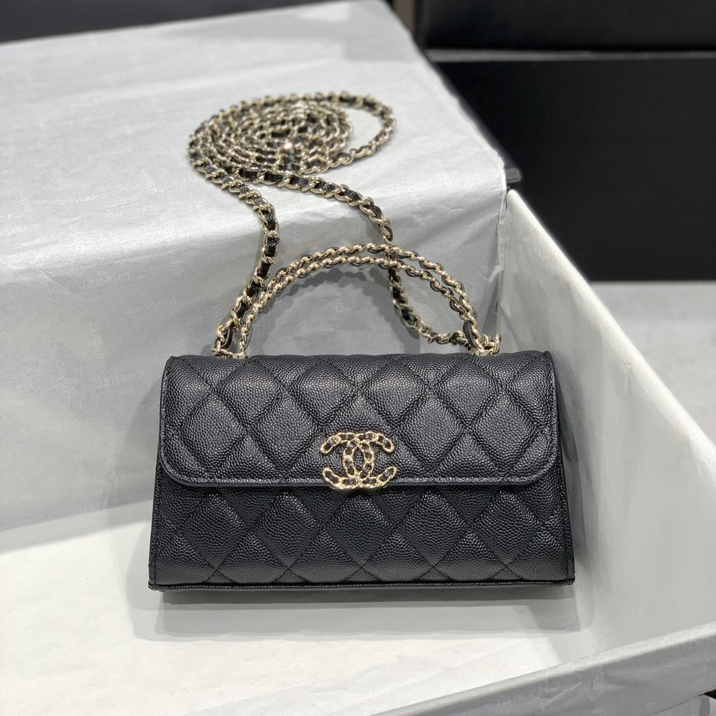 CHANEL 23P Flap Bag 19cm Black Caviar Gold Hardware