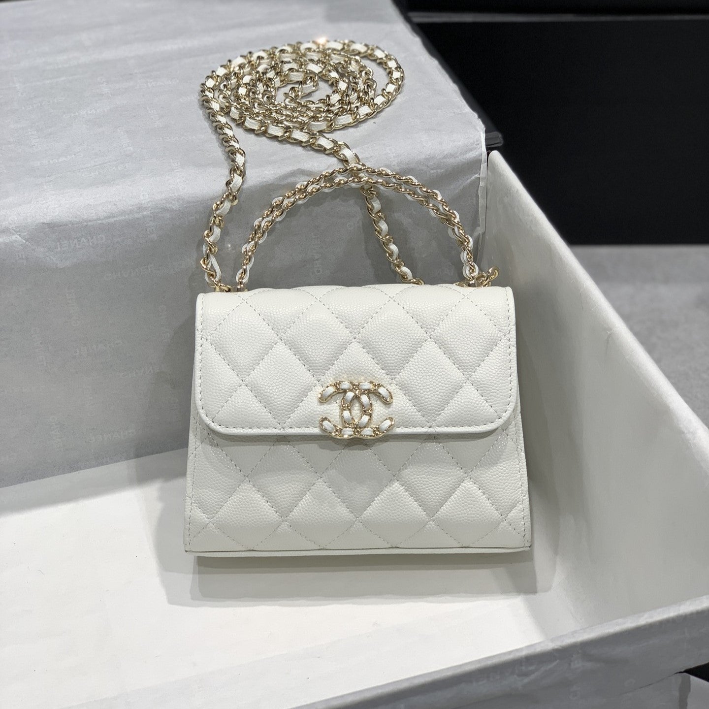 CHANEL 23P Flap Bag 15cm White Caviar Gold Hardware