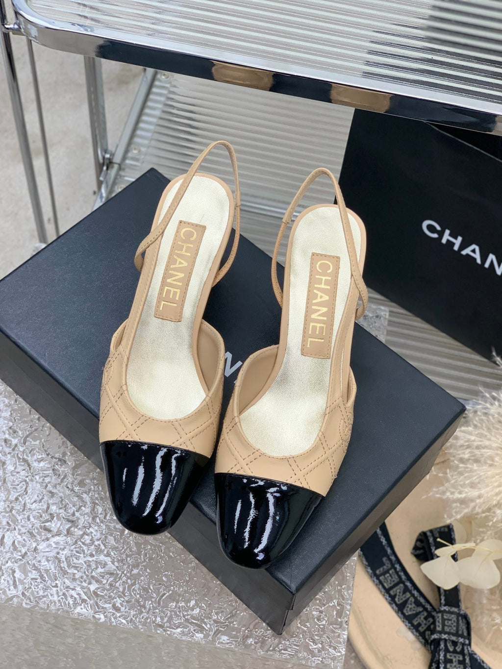 CHANEL HIGH SLINGBACKS 65 BEIGE CREAM MIX BLACK CALFSKIN