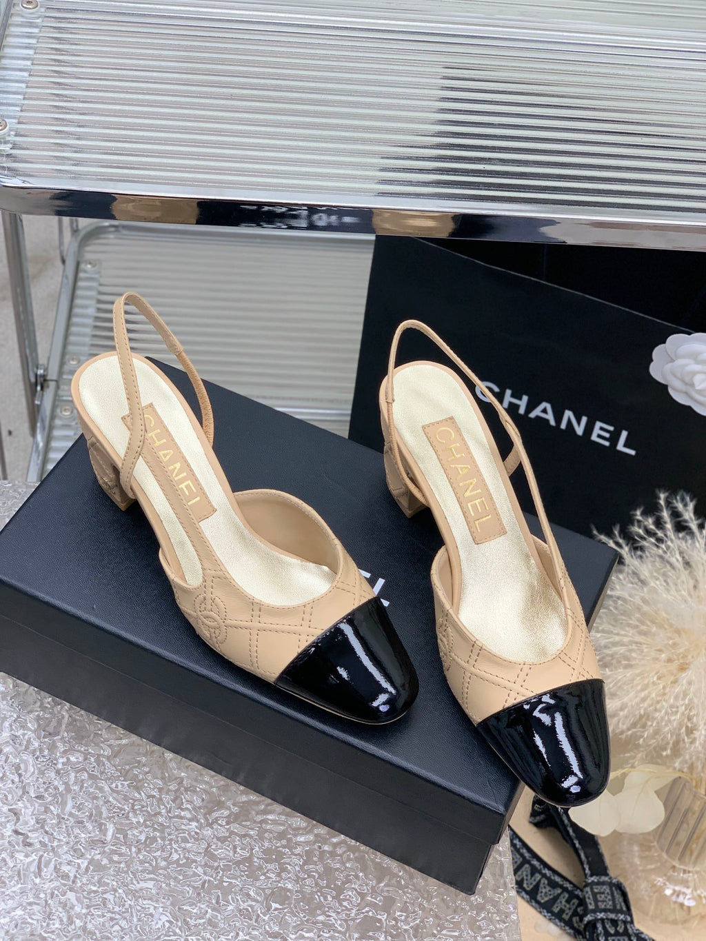 CHANEL HIGH SLINGBACKS 65 BEIGE CREAM MIX BLACK CALFSKIN