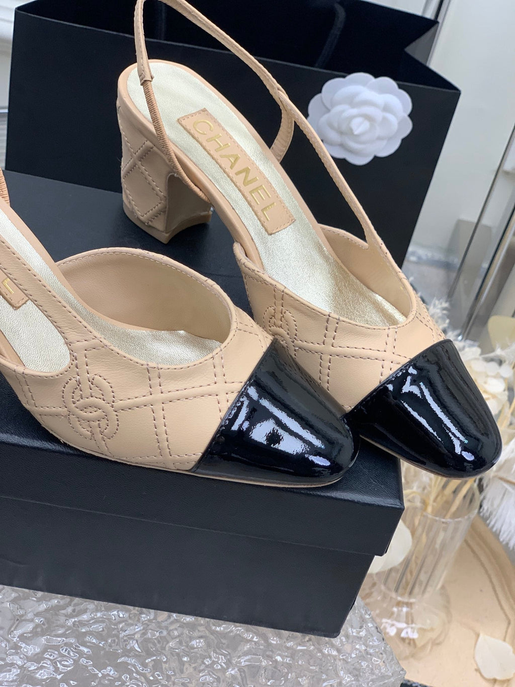 CHANEL HIGH SLINGBACKS 65 BEIGE CREAM MIX BLACK CALFSKIN