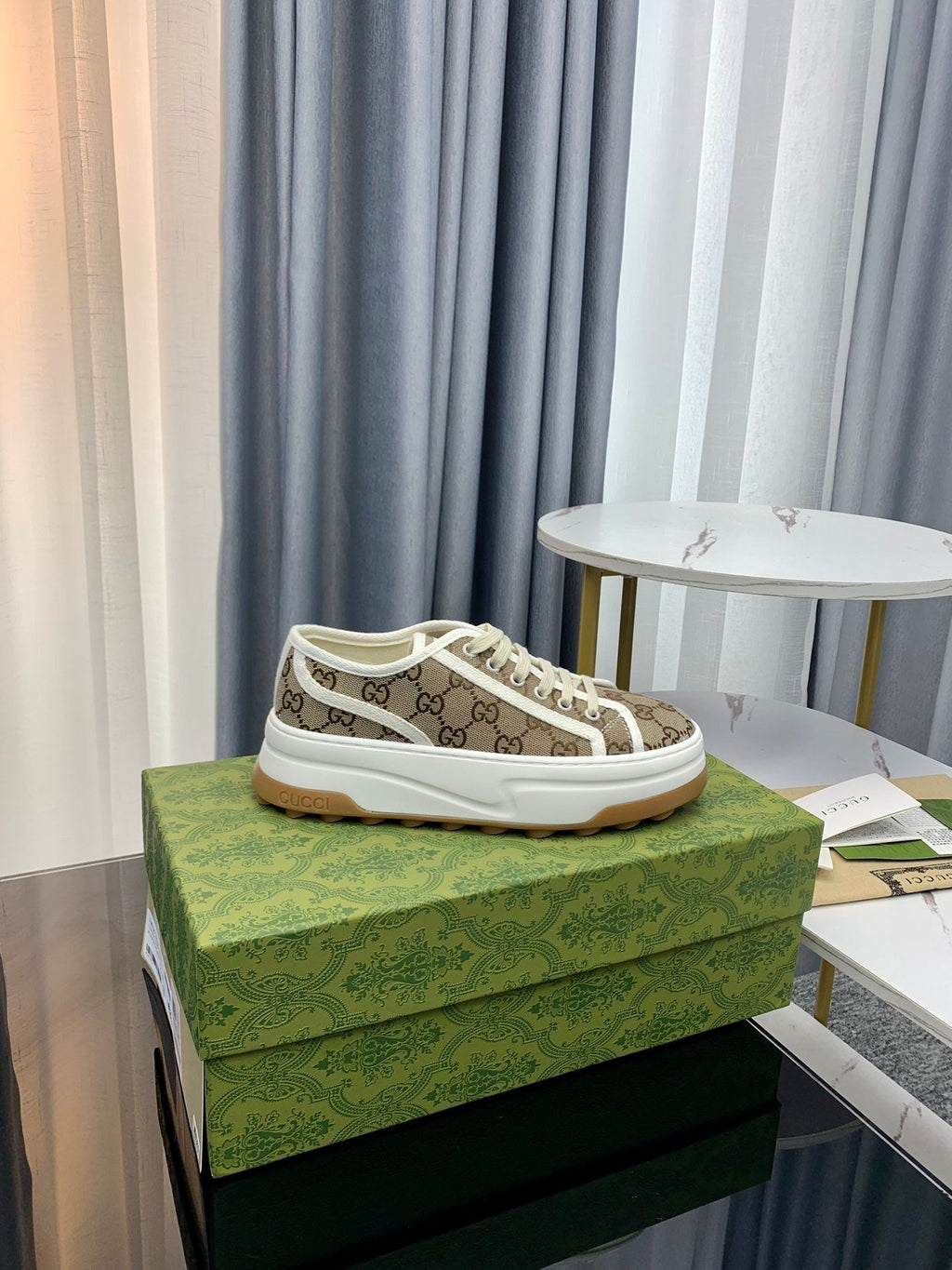 GUCCI SNEAKER FLATFORM LIGHT BROWN CANVAS