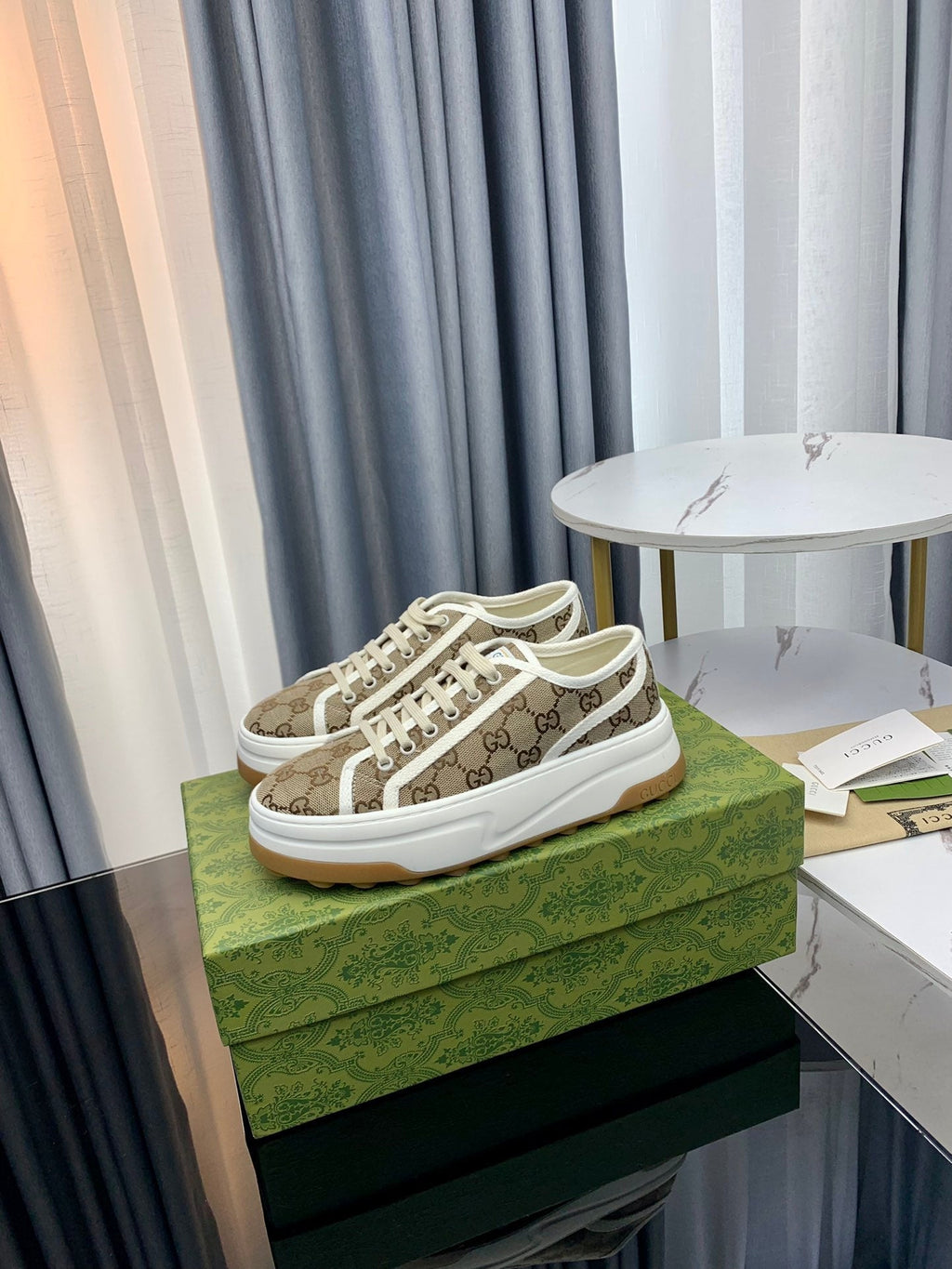 GUCCI SNEAKER FLATFORM LIGHT BROWN CANVAS