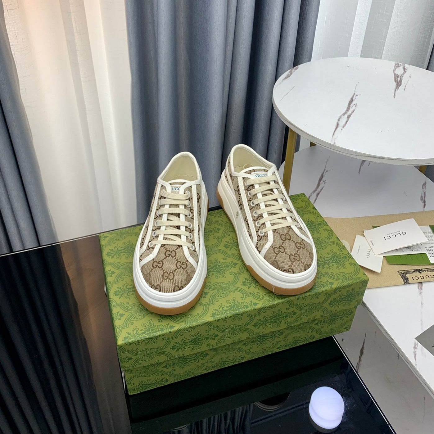 GUCCI SNEAKER FLATFORM LIGHT BROWN CANVAS