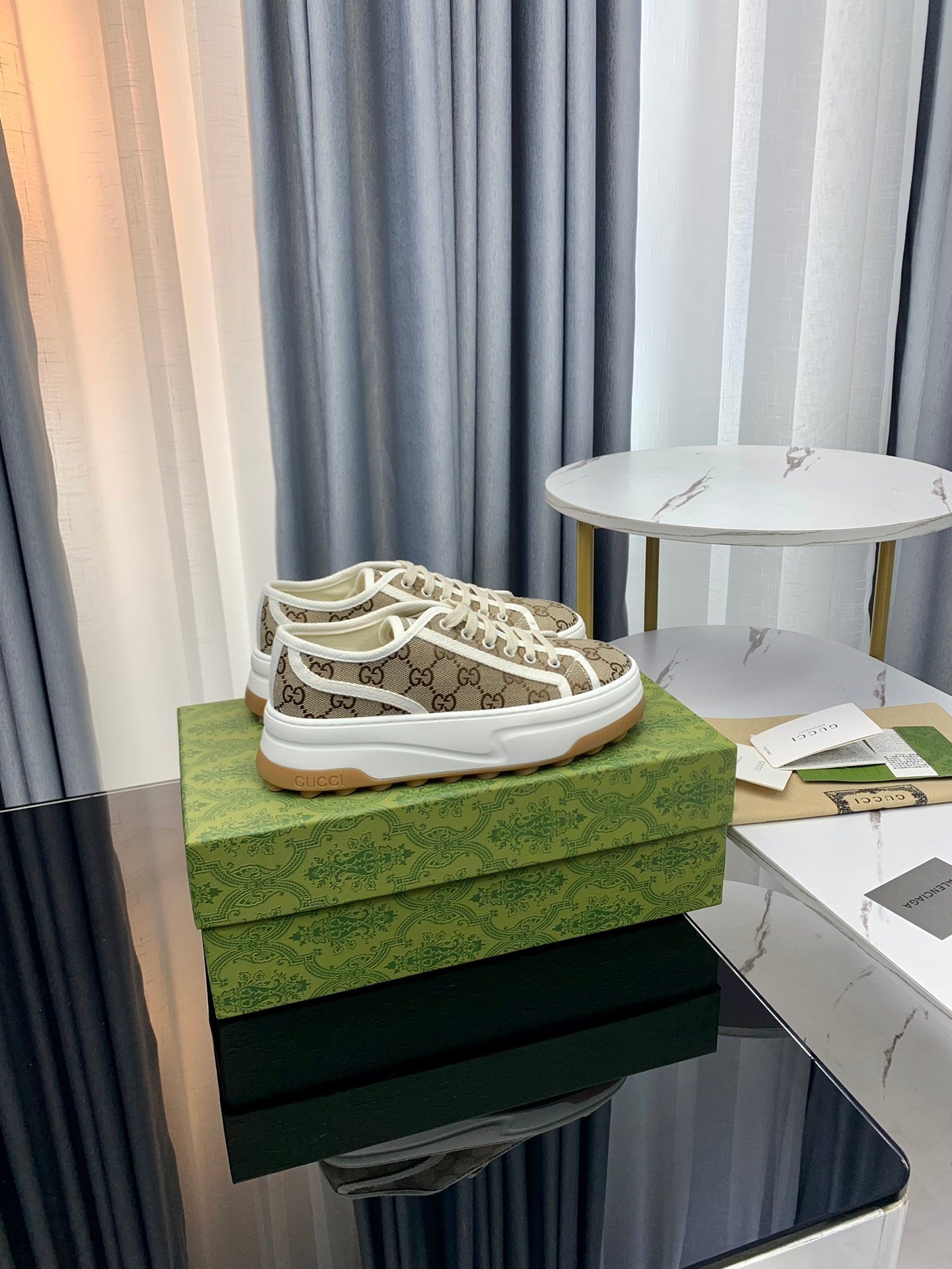 GUCCI SNEAKER FLATFORM LIGHT BROWN CANVAS