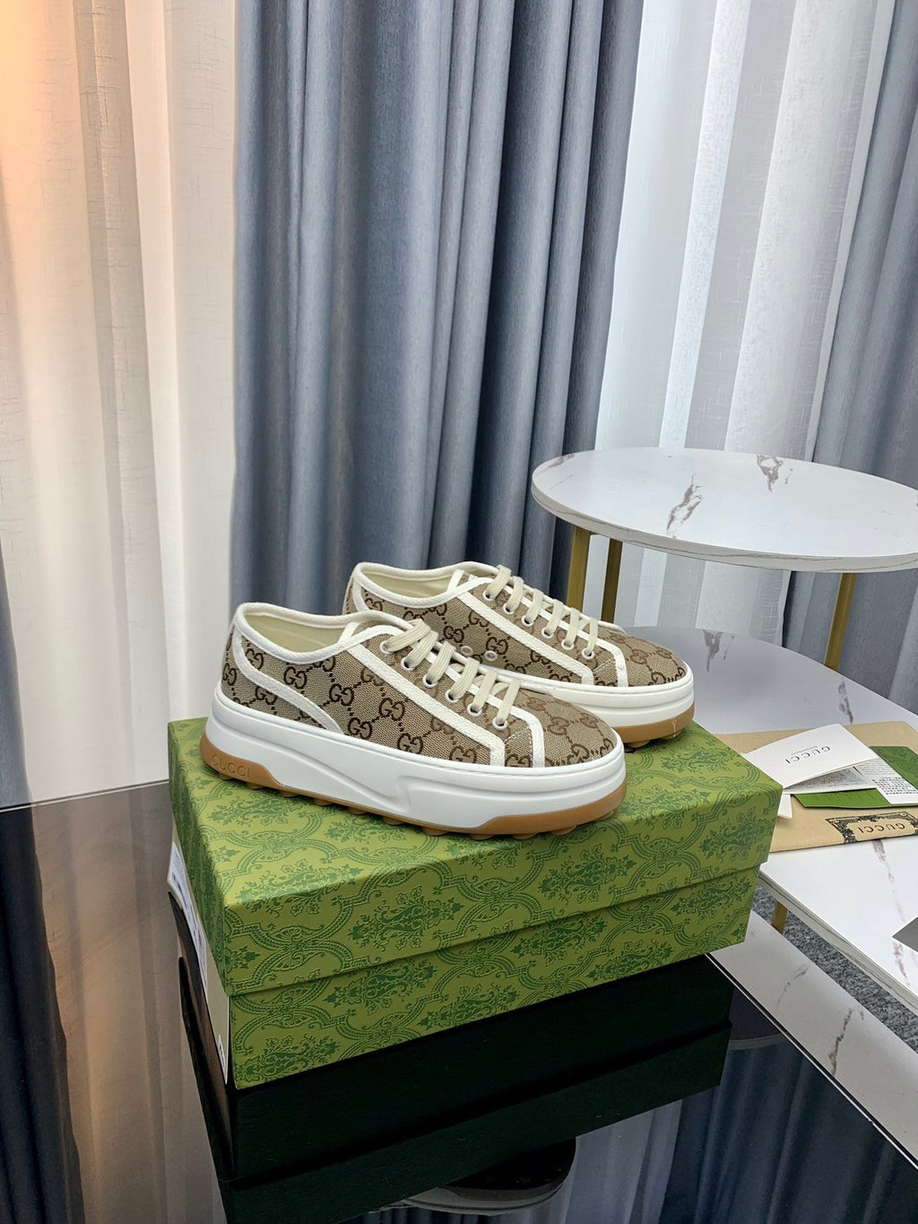 GUCCI SNEAKER FLATFORM LIGHT BROWN CANVAS
