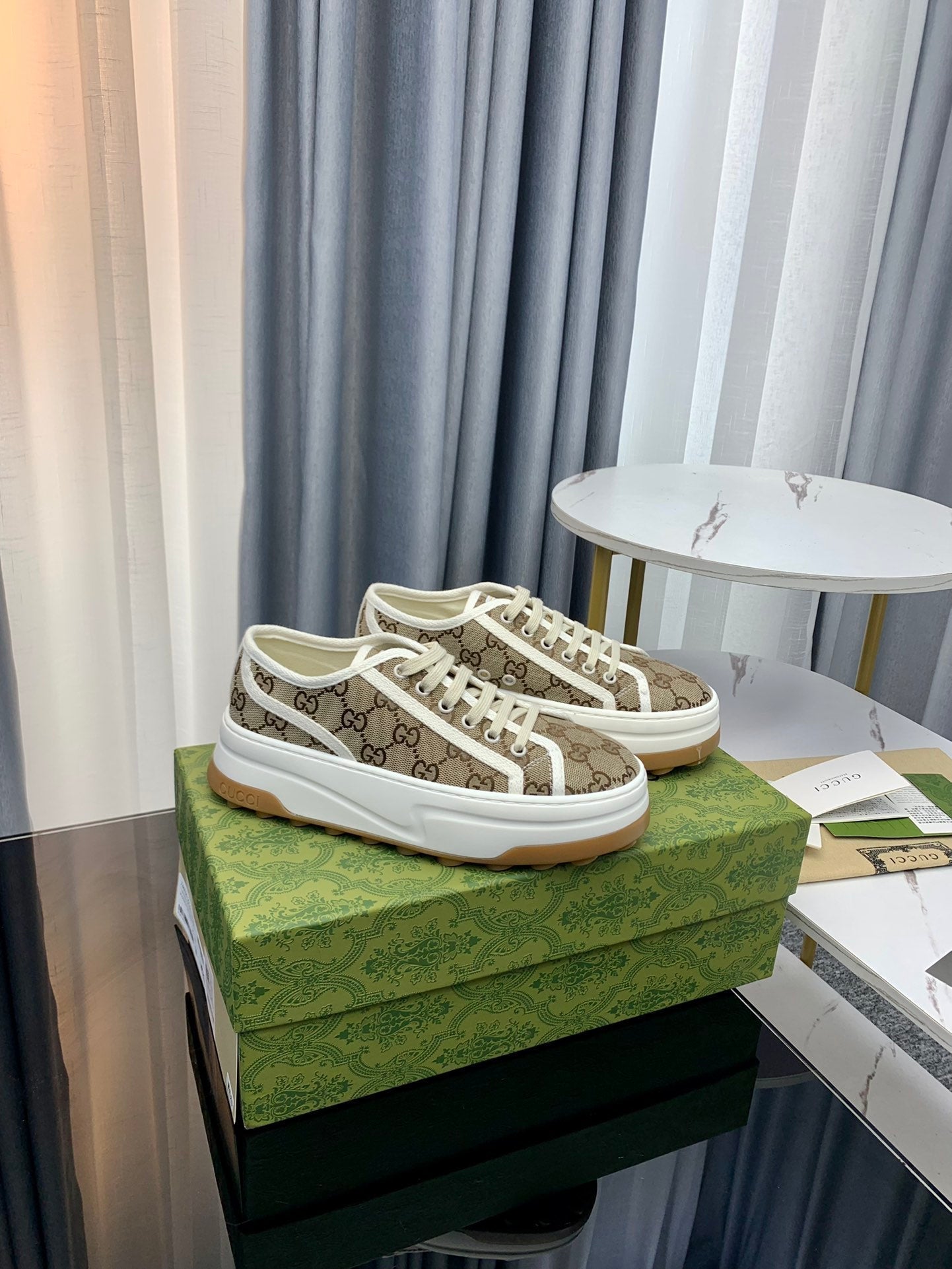 GUCCI SNEAKER FLATFORM LIGHT BROWN CANVAS