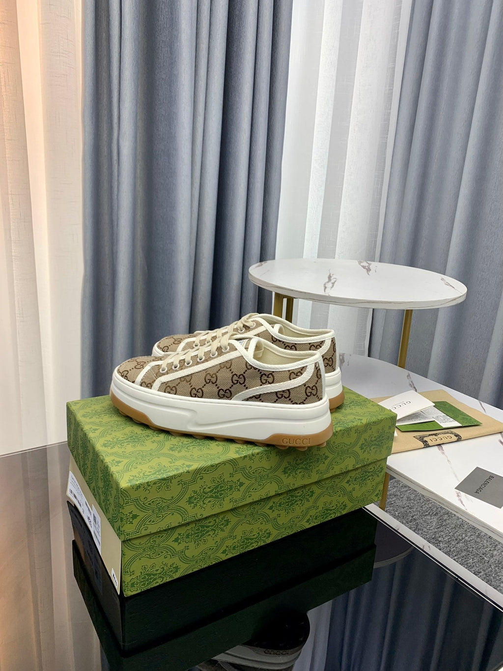 GUCCI SNEAKER FLATFORM LIGHT BROWN CANVAS