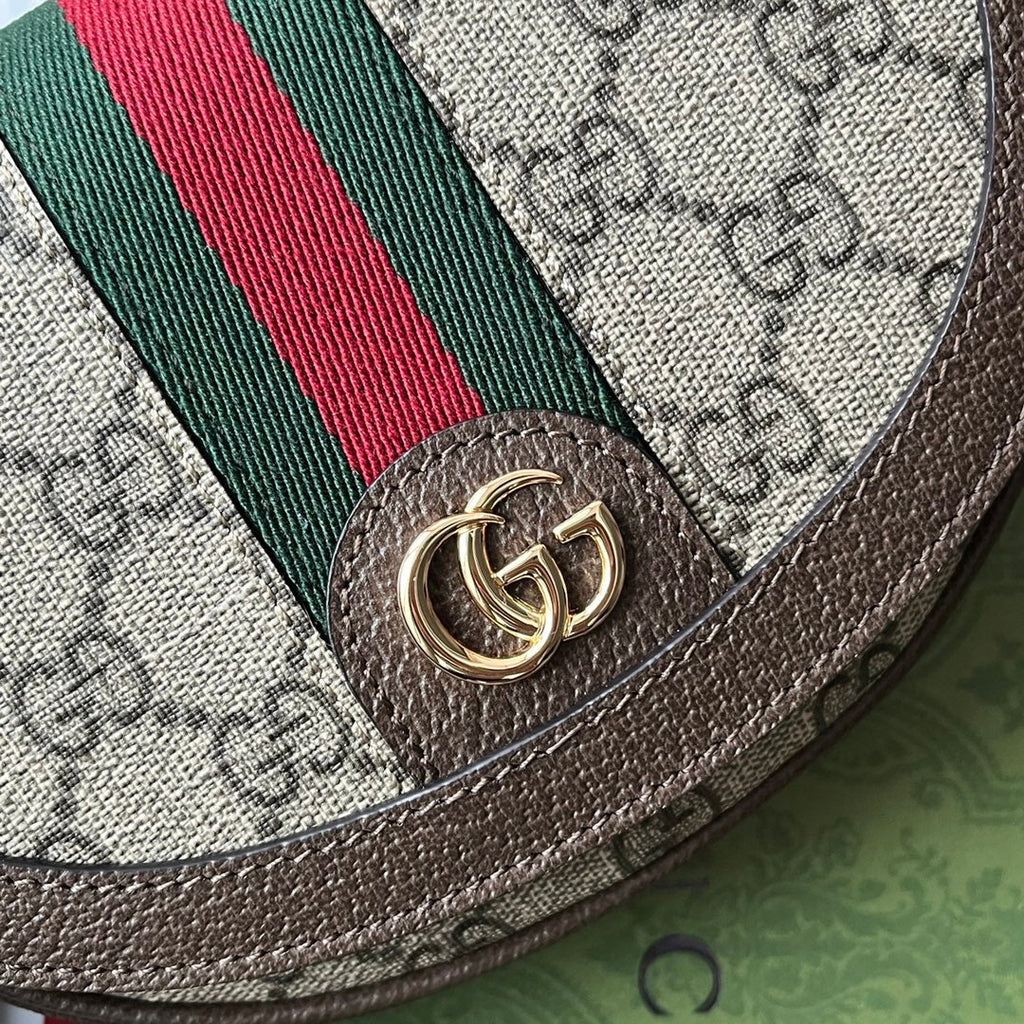 GUCCI OPHIDIA MINI SHOULDER BAG 20 WITH WEB IN BEIGE EBONY CANVAS MIX BROWN CALFSKIN