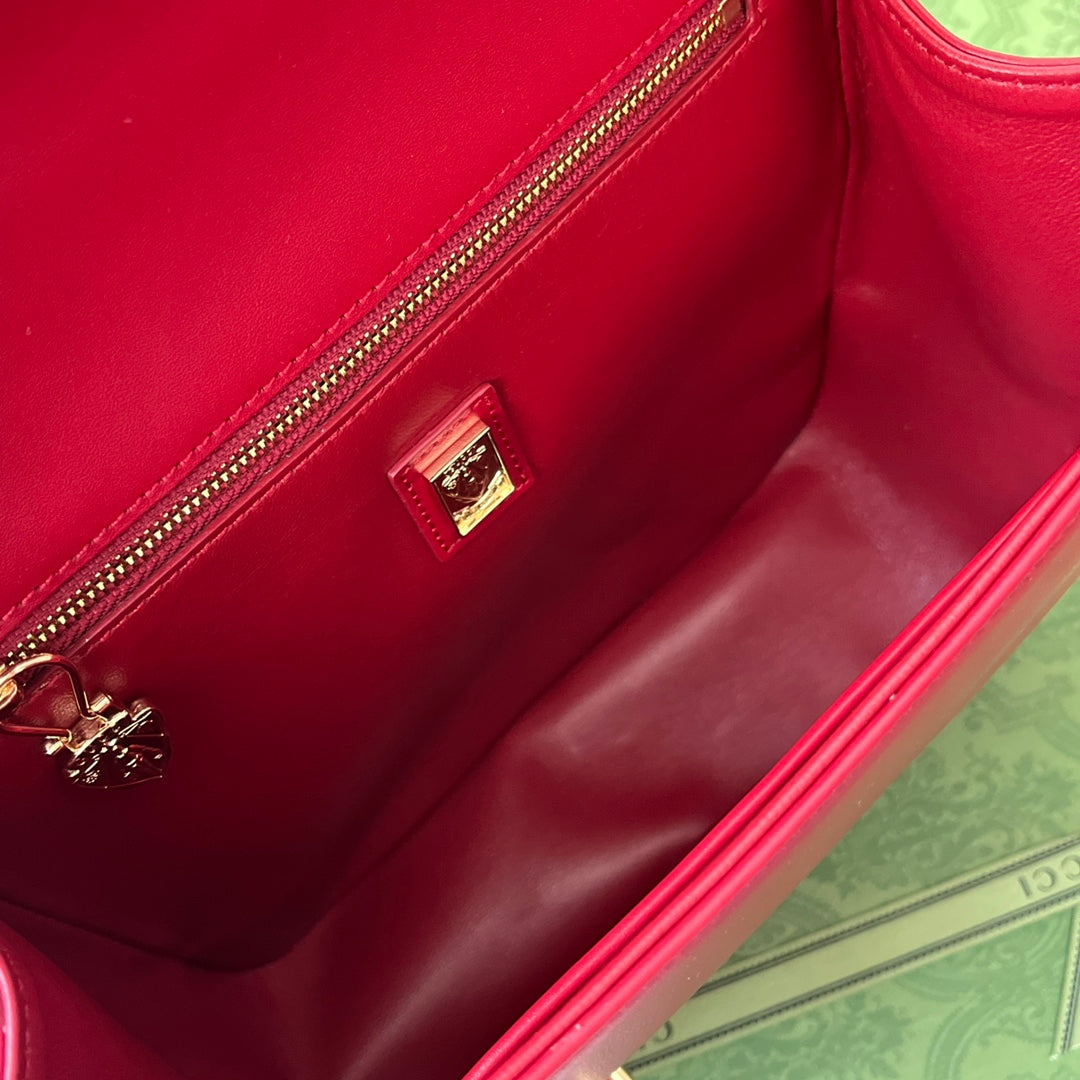 GUCCI EQUESTRIAN STYLE SHOULDER BAG 21 IN RED MIX BLACK CALFSKIN GOLD HARDWARE