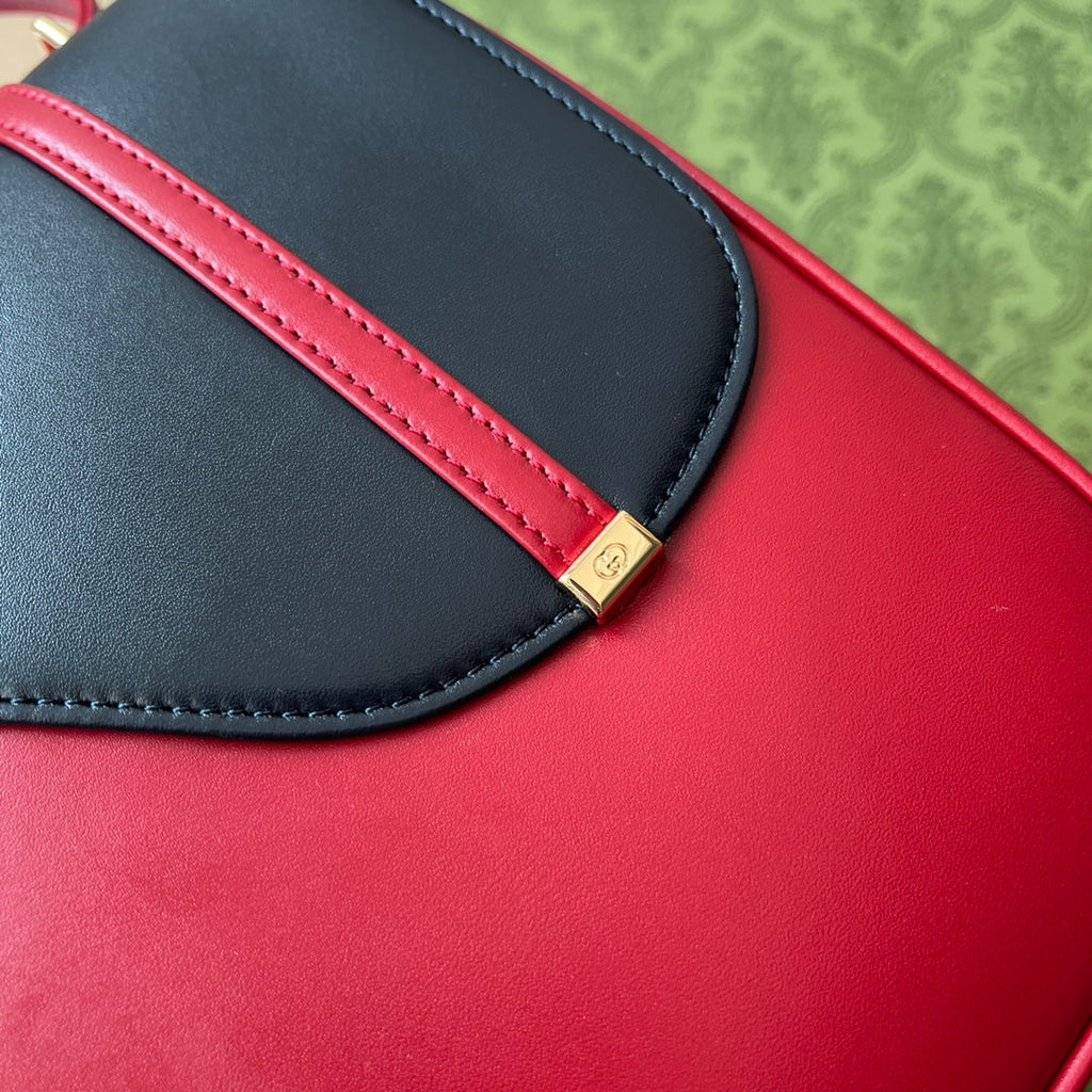GUCCI EQUESTRIAN STYLE SHOULDER BAG 21 IN RED MIX BLACK CALFSKIN GOLD HARDWARE