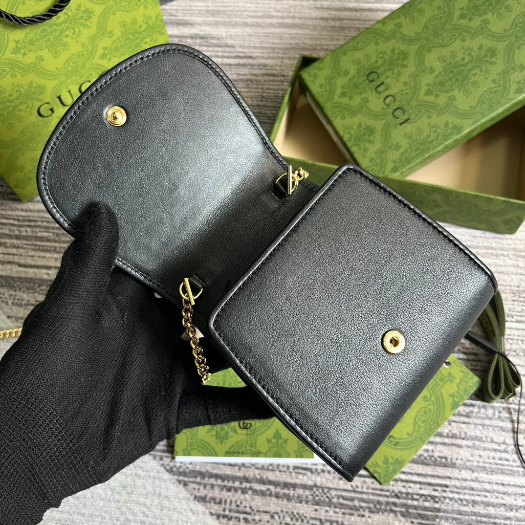 GUCCI BLONDIE INTERLOCK MINI SHOULDER BAG 12 IN BLACK CALFSKIN GOLD CHAIN