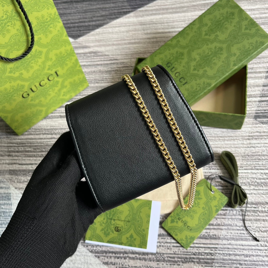 GUCCI BLONDIE INTERLOCK MINI SHOULDER BAG 12 IN BLACK CALFSKIN GOLD CHAIN
